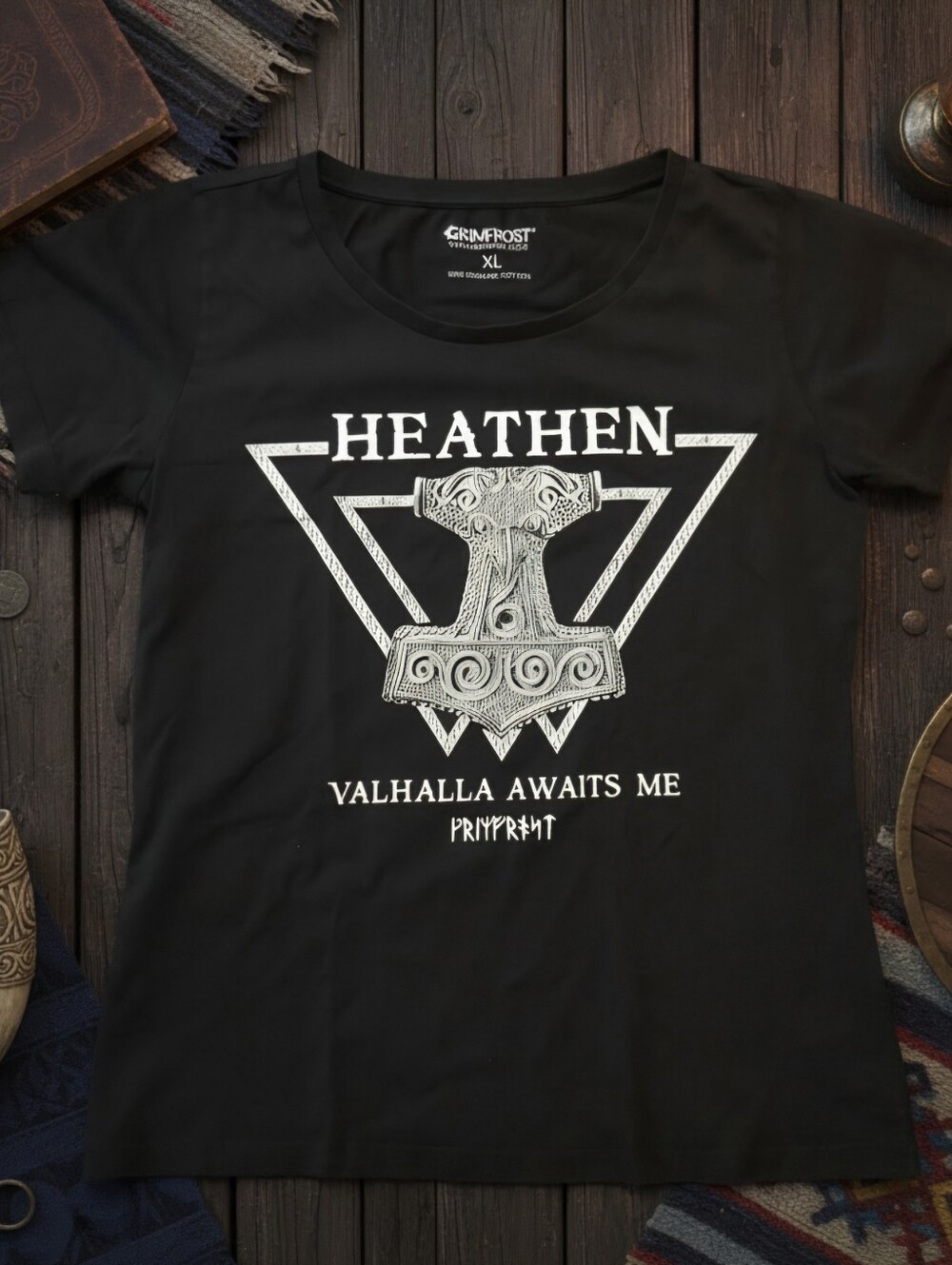 Grimfrost Heathen Mjolnir "Valhalla Awaits Me" Ladies T-Shirt XL